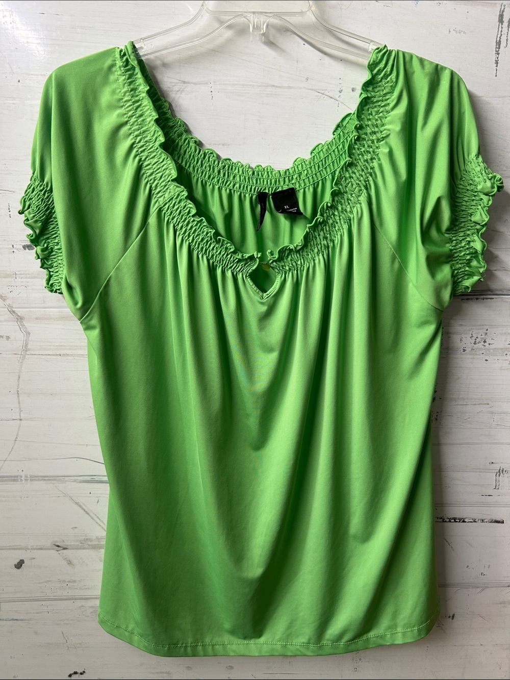💗New Directions Lime Green Smocked Peasant Blouse XL Stretch Short Sleeve Top